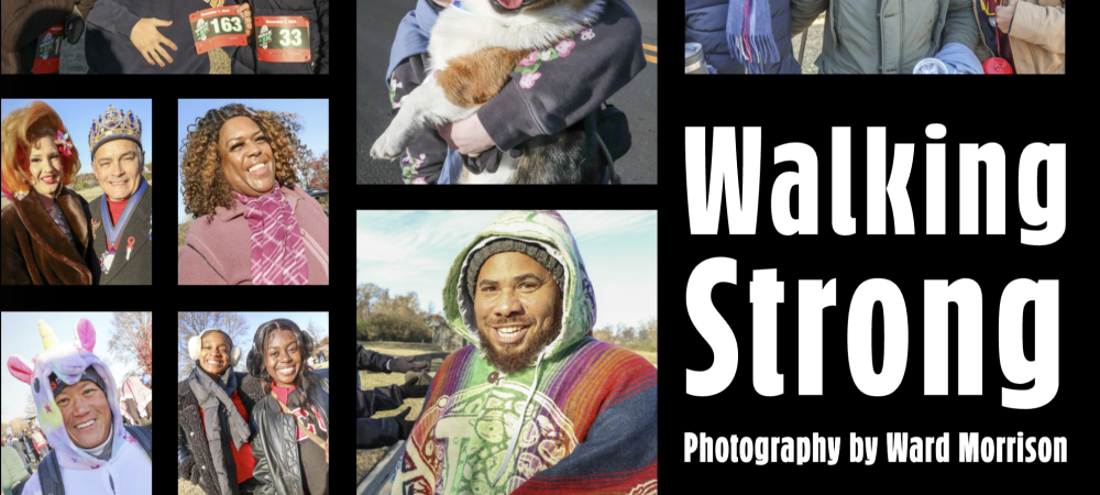 A collage shows diverse people in festive costumes at an outdoor event, showcasing the walk to end HIV community turnout, with bold white text reading "Walking Strong, Photography by Ward Morrison.